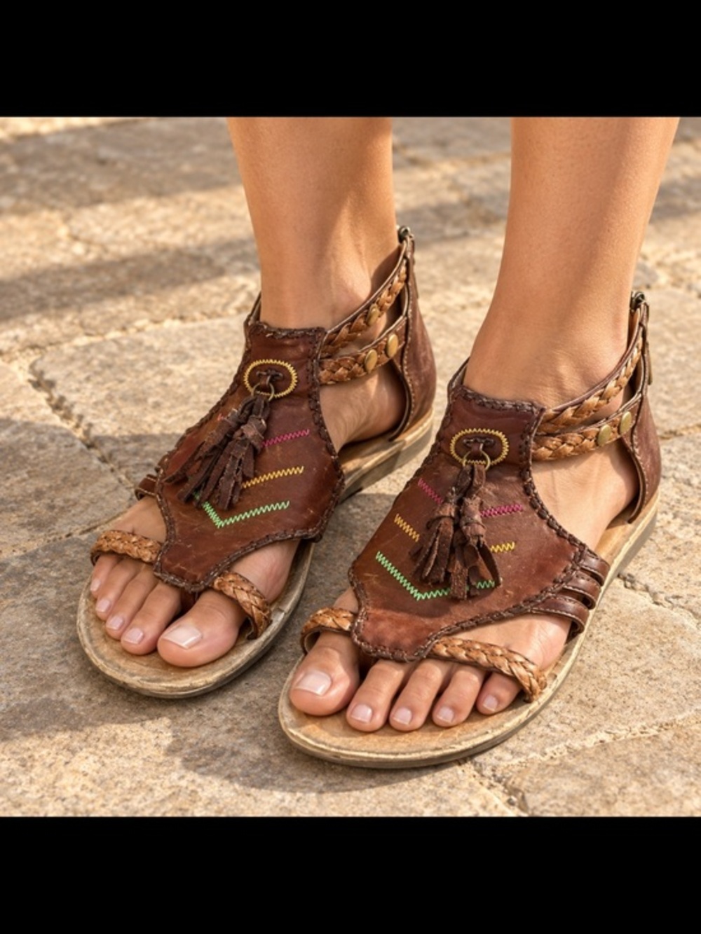 Brown Bohemian Leather Boho Gladiator Tassel Sandals Women’s Size 8.5